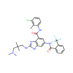 Cc1c(Cl)cccc1NC(=O)c1cc(NC(=O)c2ccccc2C(F)(F)F)cc2[nH]c(NCC(C)(C)CN(C)C)nc12 ZINC000218686199