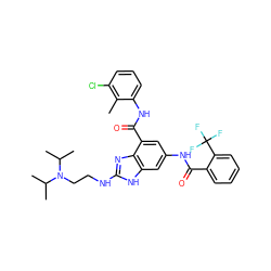 Cc1c(Cl)cccc1NC(=O)c1cc(NC(=O)c2ccccc2C(F)(F)F)cc2[nH]c(NCCN(C(C)C)C(C)C)nc12 ZINC000218697891