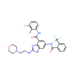 Cc1c(Cl)cccc1NC(=O)c1cc(NC(=O)c2ccccc2C(F)(F)F)cc2[nH]c(NCCN3CCOCC3)nc12 ZINC000218694099