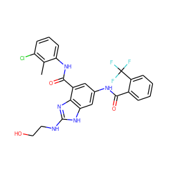 Cc1c(Cl)cccc1NC(=O)c1cc(NC(=O)c2ccccc2C(F)(F)F)cc2[nH]c(NCCO)nc12 ZINC000218702941