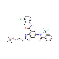 Cc1c(Cl)cccc1NC(=O)c1cc(NC(=O)c2ccccc2C(F)(F)F)cc2[nH]c(NCCOC(C)(C)C)nc12 ZINC000218701889