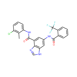 Cc1c(Cl)cccc1NC(=O)c1cc(NC(=O)c2ccccc2C(F)(F)F)cc2[nH]cnc12 ZINC000205654593