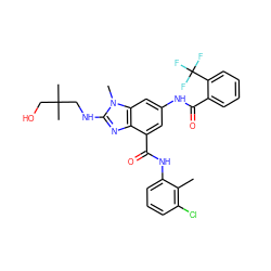 Cc1c(Cl)cccc1NC(=O)c1cc(NC(=O)c2ccccc2C(F)(F)F)cc2c1nc(NCC(C)(C)CO)n2C ZINC000218701583