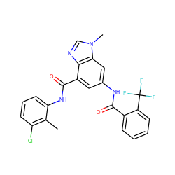 Cc1c(Cl)cccc1NC(=O)c1cc(NC(=O)c2ccccc2C(F)(F)F)cc2c1ncn2C ZINC000205655744