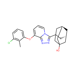 Cc1c(Cl)cccc1Oc1cccn2c(C34C[C@H]5C[C@@H](CC(O)(C5)C3)C4)nnc12 ZINC000101426925