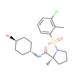 Cc1c(Cl)cccc1S(=O)(=O)N1CCC[C@@]1(C)C(=O)N[C@H]1CC[C@H](O)CC1 ZINC000261186128