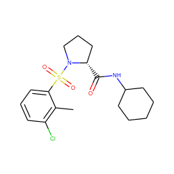 Cc1c(Cl)cccc1S(=O)(=O)N1CCC[C@@H]1C(=O)NC1CCCCC1 ZINC000095575323