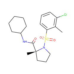 Cc1c(Cl)cccc1S(=O)(=O)N1CCC[C@]1(C)C(=O)NC1CCCCC1 ZINC000095576601