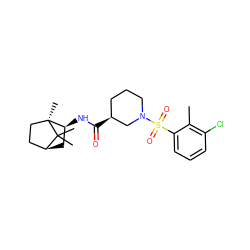 Cc1c(Cl)cccc1S(=O)(=O)N1CCC[C@H](C(=O)N[C@H]2C[C@H]3CC[C@]2(C)C3(C)C)C1 ZINC000095575318