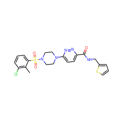 Cc1c(Cl)cccc1S(=O)(=O)N1CCN(c2ccc(C(=O)NCc3cccs3)nn2)CC1 ZINC001772611707