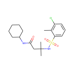 Cc1c(Cl)cccc1S(=O)(=O)NC(C)(C)CC(=O)NC1CCCCC1 ZINC000103269449