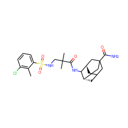 Cc1c(Cl)cccc1S(=O)(=O)NCC(C)(C)C(=O)NC1[C@H]2CC3C[C@H]1CC(C(N)=O)(C3)C2 ZINC001772607242