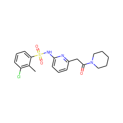 Cc1c(Cl)cccc1S(=O)(=O)Nc1cccc(CC(=O)N2CCCCC2)n1 ZINC000036425143