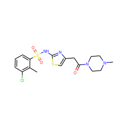 Cc1c(Cl)cccc1S(=O)(=O)Nc1nc(CC(=O)N2CCN(C)CC2)cs1 ZINC000000603833