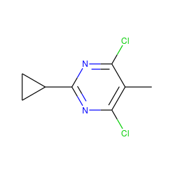 Cc1c(Cl)nc(C2CC2)nc1Cl ZINC000071790336