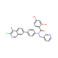 Cc1c(Cl)ncc2cc(-c3ccc(N(Cc4cccnc4)C(=O)c4ccc(O)cc4O)cc3)ccc12 ZINC000653748011