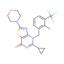 Cc1c(Cn2c(C3CC3)nc(=O)c3sc(N4CCOCC4)nc32)cccc1C(F)(F)F ZINC000084742274