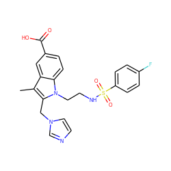 Cc1c(Cn2ccnc2)n(CCNS(=O)(=O)c2ccc(F)cc2)c2ccc(C(=O)O)cc12 ZINC000026827678