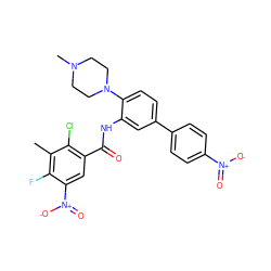 Cc1c(F)c([N+](=O)[O-])cc(C(=O)Nc2cc(-c3ccc([N+](=O)[O-])cc3)ccc2N2CCN(C)CC2)c1Cl ZINC001772593568