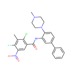 Cc1c(F)c([N+](=O)[O-])cc(C(=O)Nc2cc(-c3ccccc3)ccc2N2CCN(C)CC2)c1Cl ZINC000653872534