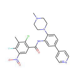 Cc1c(F)c([N+](=O)[O-])cc(C(=O)Nc2cc(-c3ccncc3)ccc2N2CCN(C)CC2)c1Cl ZINC001772603122