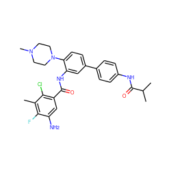 Cc1c(F)c(N)cc(C(=O)Nc2cc(-c3ccc(NC(=O)C(C)C)cc3)ccc2N2CCN(C)CC2)c1Cl ZINC001772647728