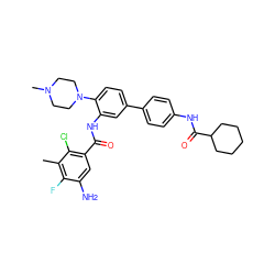 Cc1c(F)c(N)cc(C(=O)Nc2cc(-c3ccc(NC(=O)C4CCCCC4)cc3)ccc2N2CCN(C)CC2)c1Cl ZINC001772610146