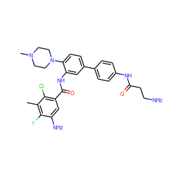 Cc1c(F)c(N)cc(C(=O)Nc2cc(-c3ccc(NC(=O)CCN)cc3)ccc2N2CCN(C)CC2)c1Cl ZINC001772630230