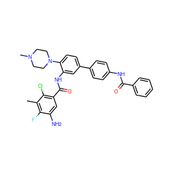 Cc1c(F)c(N)cc(C(=O)Nc2cc(-c3ccc(NC(=O)c4ccccc4)cc3)ccc2N2CCN(C)CC2)c1Cl ZINC001772611031