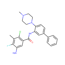 Cc1c(F)c(N)cc(C(=O)Nc2cc(-c3ccccc3)ccc2N2CCN(C)CC2)c1Cl ZINC001772608298