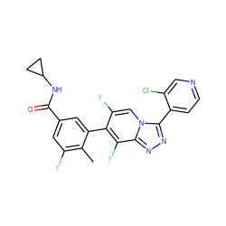 Cc1c(F)cc(C(=O)NC2CC2)cc1-c1c(F)cn2c(-c3ccncc3Cl)nnc2c1F ZINC000084741328