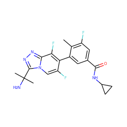 Cc1c(F)cc(C(=O)NC2CC2)cc1-c1c(F)cn2c(C(C)(C)N)nnc2c1F ZINC000084689616