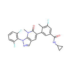 Cc1c(F)cc(C(=O)NC2CC2)cc1-c1cc2cnn(-c3c(F)cccc3F)c2n(C)c1=O ZINC000049112808