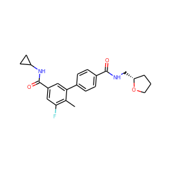 Cc1c(F)cc(C(=O)NC2CC2)cc1-c1ccc(C(=O)NC[C@@H]2CCCO2)cc1 ZINC000071294493