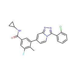 Cc1c(F)cc(C(=O)NC2CC2)cc1-c1ccn2c(-c3ccccc3Cl)nnc2c1 ZINC000084687989