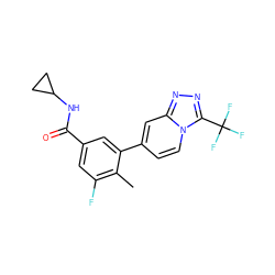 Cc1c(F)cc(C(=O)NC2CC2)cc1-c1ccn2c(C(F)(F)F)nnc2c1 ZINC000084732357