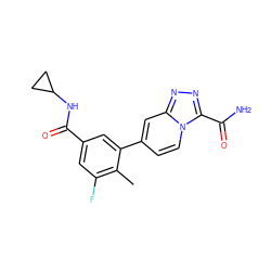 Cc1c(F)cc(C(=O)NC2CC2)cc1-c1ccn2c(C(N)=O)nnc2c1 ZINC000084732360