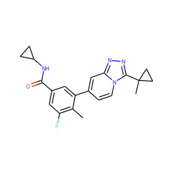 Cc1c(F)cc(C(=O)NC2CC2)cc1-c1ccn2c(C3(C)CC3)nnc2c1 ZINC000084741387