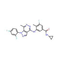 Cc1c(F)cc(C(=O)NC2CC2)cc1Nc1nnc(C)c2c1cnn2-c1ccc(F)cc1F ZINC000049035456