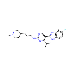 Cc1c(F)ccc2[nH]c(-c3cnc(NCCCC4CCN(C)CC4)nc3C(C)C)nc12 ZINC000138993899