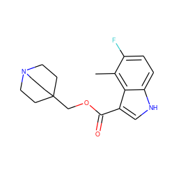 Cc1c(F)ccc2[nH]cc(C(=O)OCC34CCN(CC3)CC4)c12 ZINC001772649648