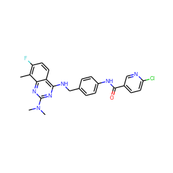 Cc1c(F)ccc2c(NCc3ccc(NC(=O)c4ccc(Cl)nc4)cc3)nc(N(C)C)nc12 ZINC000141743003