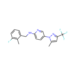 Cc1c(F)cccc1CNc1ccc(-n2nc(C(F)(F)F)cc2C)cn1 ZINC000149799881