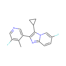 Cc1c(F)cncc1-c1nc2ccc(F)cn2c1C1CC1 ZINC000221925764