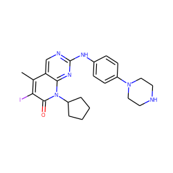 Cc1c(I)c(=O)n(C2CCCC2)c2nc(Nc3ccc(N4CCNCC4)cc3)ncc12 ZINC000014945421