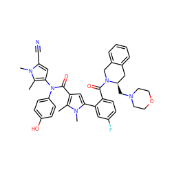 Cc1c(N(C(=O)c2cc(-c3cc(F)ccc3C(=O)N3Cc4ccccc4C[C@H]3CN3CCOCC3)n(C)c2C)c2ccc(O)cc2)cc(C#N)n1C ZINC000261093750