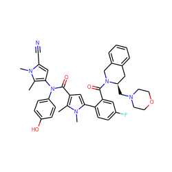 Cc1c(N(C(=O)c2cc(-c3ccc(F)cc3C(=O)N3Cc4ccccc4C[C@H]3CN3CCOCC3)n(C)c2C)c2ccc(O)cc2)cc(C#N)n1C ZINC000261110854