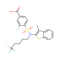 Cc1c(N(CCCCC(F)(F)F)S(=O)(=O)c2ccc(C(=O)O)cc2F)sc2ccccc12 ZINC000115235353