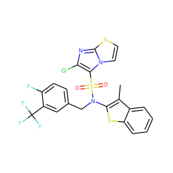 Cc1c(N(Cc2ccc(F)c(C(F)(F)F)c2)S(=O)(=O)c2c(Cl)nc3sccn23)sc2ccccc12 ZINC000115233520