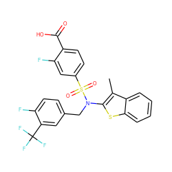 Cc1c(N(Cc2ccc(F)c(C(F)(F)F)c2)S(=O)(=O)c2ccc(C(=O)O)c(F)c2)sc2ccccc12 ZINC000115228957